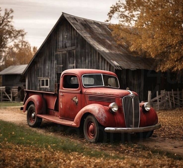 an old red truck is parked in front of a barn with autumn leaves on the ground