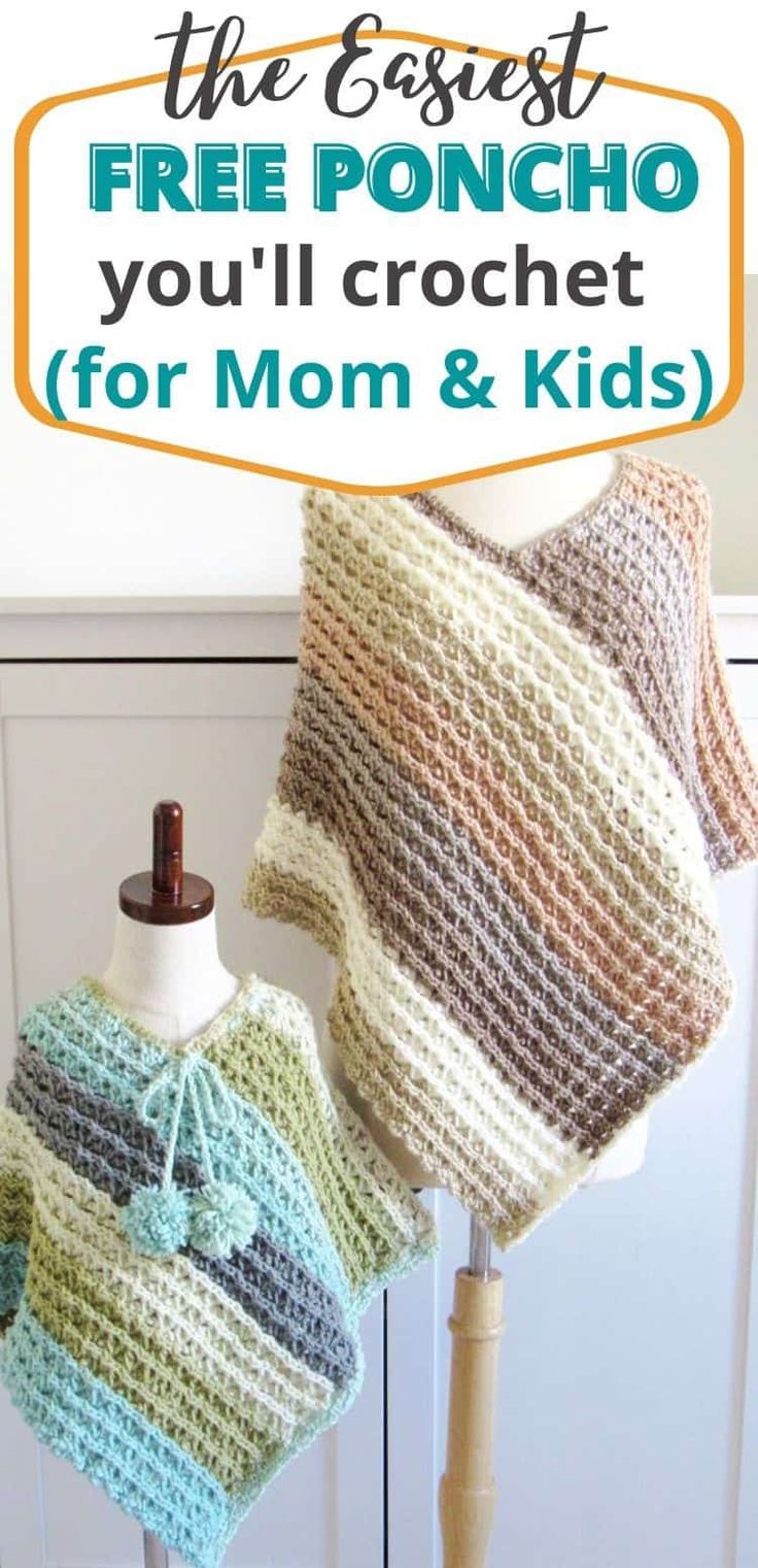 two crocheted sweaters sitting on top of a mannequin with the text mommy and me poncho free crochet pattern