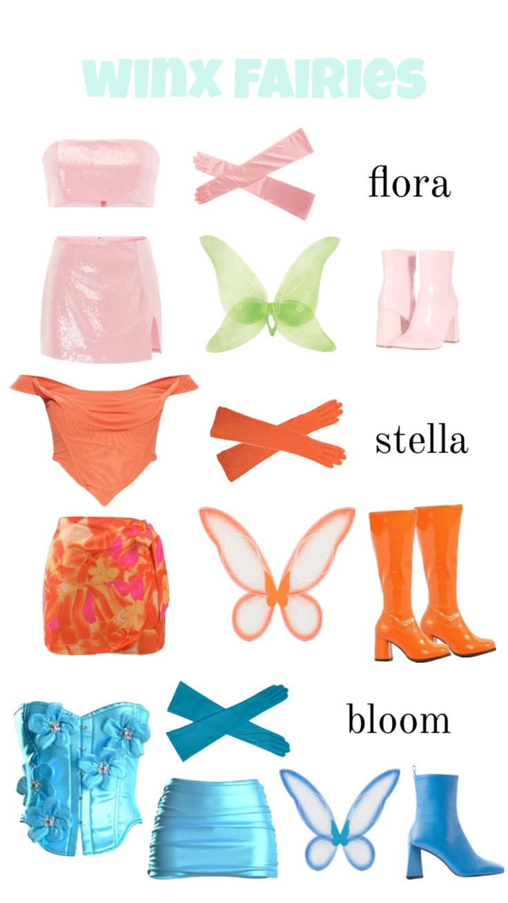 various types of bikinis and shoes are shown in this graphic style, with the names below them