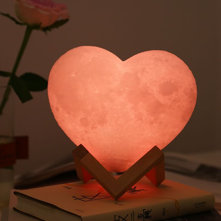 a heart shaped lamp sitting on top of a stack of books next to a rose