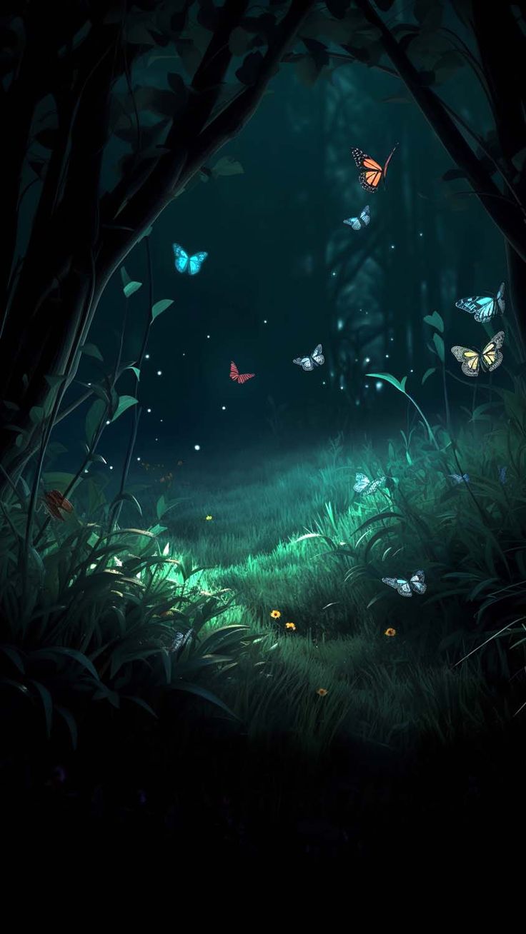 some butterflies are flying around in the dark forest at night with green grass and trees