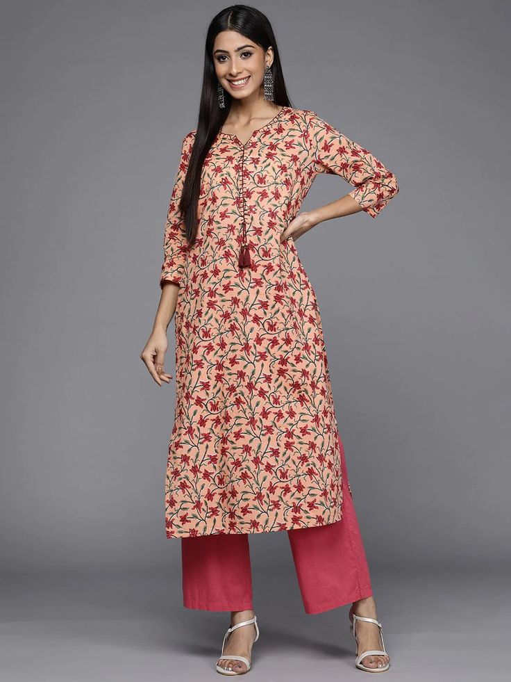 Peach & Maroon Cotton Straight Cut Floral Print  Kurta