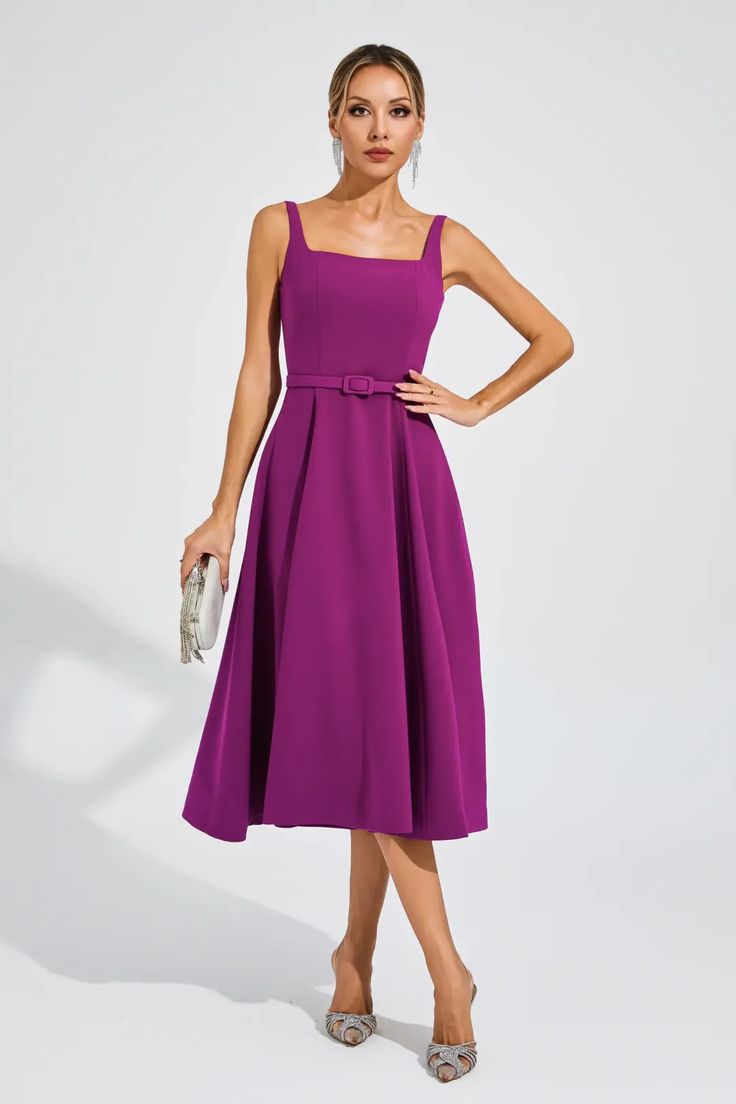 Phyllis Purple Slip Midi Dress Elegant Sleeveless Midi Dress With Ruched Bodice, Purple Fitted Sleeveless Midi Dress, Sleeveless Formal Midi Dress With Ruched Bodice, Formal Sleeveless Midi Dress With Ruched Bodice, Elegant Purple Midi Dress For Wedding Guest, Elegant Pleated Waist Midi Dress For Garden Party, Elegant Midi Dress With Pleated Waist For Garden Party, Sleeveless Solid Midi Dress With Ruched Bodice, Solid Sleeveless Midi Dress With Ruched Bodice