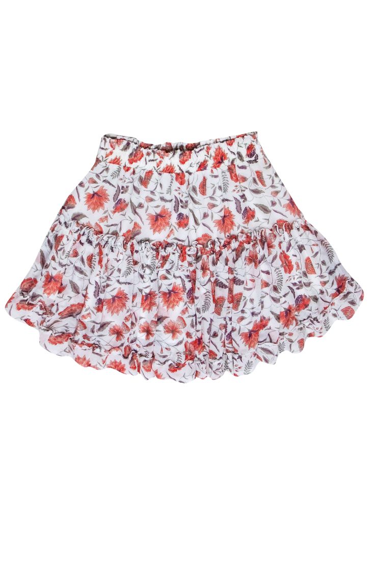 Get ready to turn heads in this fun and flirty MISA Los Angeles mini skirt. The stylish ivory chiffon is accented with a gorgeous red and purple floral print, while romantic ruffles add a touch of charm. Perfect for a lunch date, pair with a puff sleeve top and open-toe mules for a truly stunning look. Size S 100% Viscose Lined Elastic waistband Pull-on Ruffle trim A-line Flounce hem Waist (unstretched) 25" Length 17.5" White Tiered Skort With Elastic Waistband, White Tiered Skort For Spring, White Tiered Mini Skirt With Elastic Waistband, White Tiered Skort, White Tiered Skort With Ruffles, White Tiered Lined Skort, White Ruffled Feminine Skirt, White Feminine Skirt With Ruffles, Feminine White Ruffled Skirt