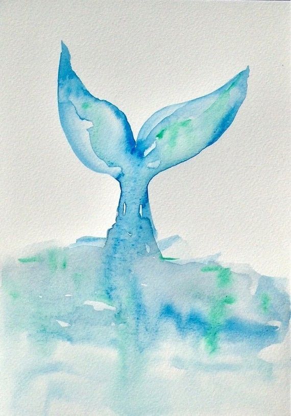 a watercolor painting of a blue whale tail