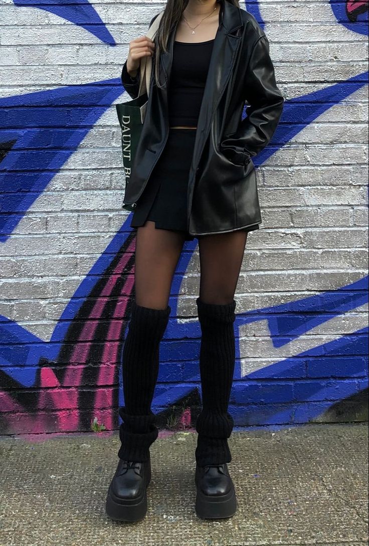 leather jacketmini skirtleg warmersplatform boots Mini Skirt Platform Boots Outfit, Fits With Boots Aesthetic, Black Jacket And Skirt Outfit, Leg Warmer Boots Outfit, Black Skirt And Leg Warmers, Platform Boots Leg Warmers, Mini Leather Jacket Outfit, Leg Warmers Boots Outfit, Mini Skirt Leather Outfit