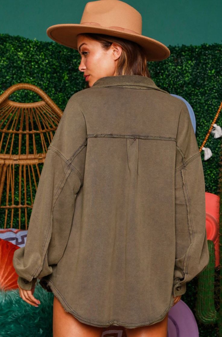 We just found your new favorite go-to shirt jacket. We love the shacket trend, and this shirt jacket is such a cute, effortless, stylish look. Featured in a vintage, washed olive colorway with front pockets and a relaxed fit. This piece has functional button closures to wear buttoned up or open, bubble long sleeves, a front and back yoke, raw edge finishing, and a collared neckline. olive shirt jacket long sleeves bubble sleeves front pockets front and back yoke raw edge finishing relaxed fit, f Olive Shirt, Jacket Long, Raw Edge, Shirt Jacket, Stretch Fabric, Button Downs, Down Shirt, Button Down Shirt, Button Up