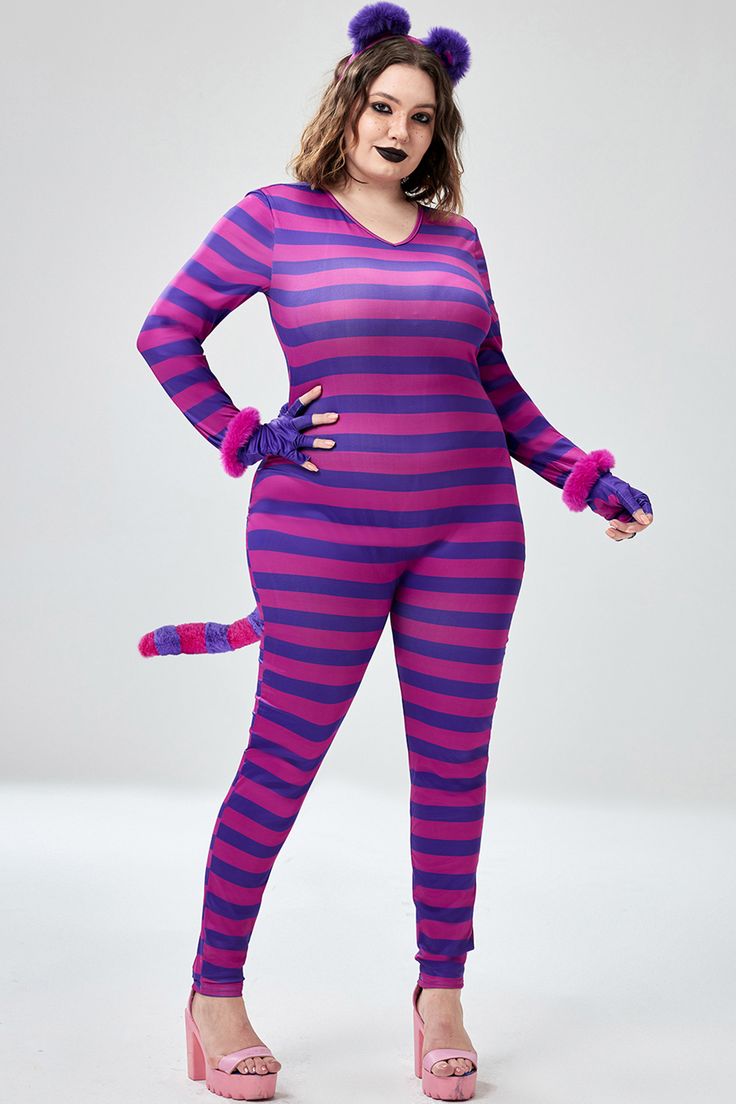 a woman in purple and pink striped onesuits with cat ears on her head