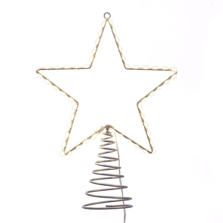 a metal christmas tree decoration with a star hanging from it's side on a white background