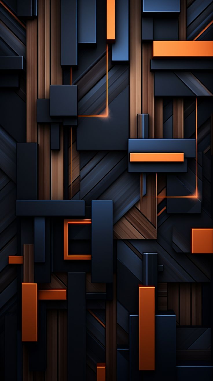 an abstract dark background with orange and black squares, rectangles, and lines