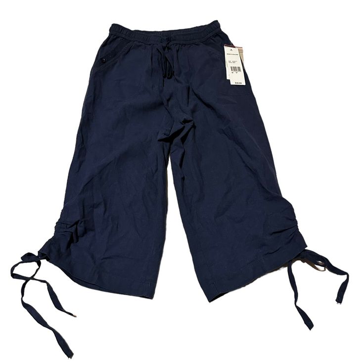 Rebecca Malone Womens Small Navy Blue Capri Navy Stretch Bottoms For Summer, Navy Cotton Drawstring Bottoms, Casual Summer Capris With Drawstring, Spring Navy Pants With Elastic Waistband, Navy Fitted Pants For Summer, Summer Cotton Capris With Drawstring, Spring Navy Relaxed Fit Bottoms, Navy Relaxed Fit Bottoms For Spring, Blue Spring Capris With Pockets