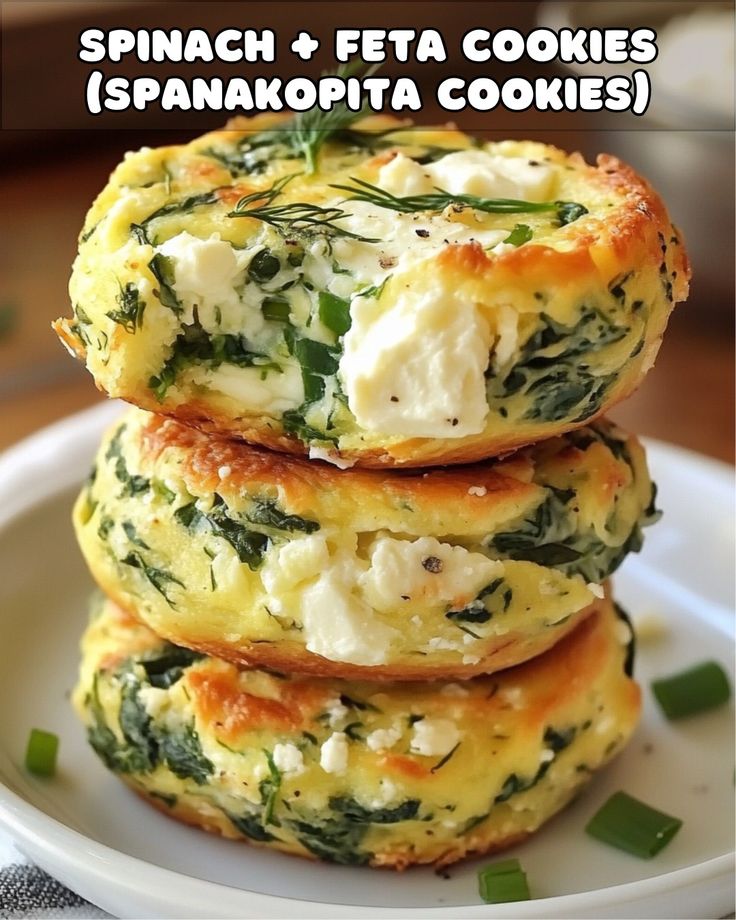 spinach and feta cookies are stacked on top of each other in a white plate