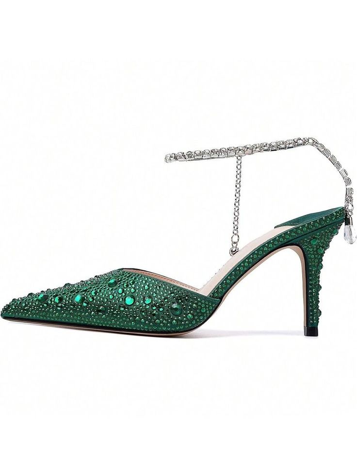 Verde Glamour,De moda Collar   Liso Zapatos de tiras Embellished Green Heels With 4-inch Heel For Party, Party Heels With 4-inch Heel And Ankle Strap, Green Pointed Toe Party Sandals, Green Pointed Toe Sandals For Party, Pointed Toe Slingback Pumps For Cocktail, Party Kitten Heels With Pointed Toe And Wrapped Heel, Fitted Heels With Heel Strap For Party Season, Cocktail Slingback Pumps With 4-inch Heel, Closed Toe Heels With 4-inch Heel For Holiday