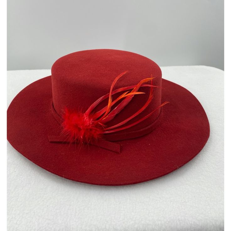 Description: Sombreros Y Tocados By Lina Osorio Red Brim Hat W/ Deco Feathers Brand: Sombreros Y Tocados Size: Small/Med. Color: Red Condition: Euc, Never Worn, No Holes, Stains, Spots Material: Felt, Feathers Measurements: 24in Fit: Small Season: Summer, Spring, Fall, Winter Care: Dry Clean Other: Made In Bogato, Colombia Red Fitted Fedora For Kentucky Derby, Adjustable Brimmed Red Mini Hat, Red Adjustable Brimmed Mini Hat, Red Wide Brim Felt Hat For Party, Red Fedora With Curved Brim For Parties, Red Fedora Mini Hat For Party, Adjustable Red Hat Bands For Kentucky Derby, Red Fedora Felt Hat For Party, Red Adjustable Fedora Mini Hats