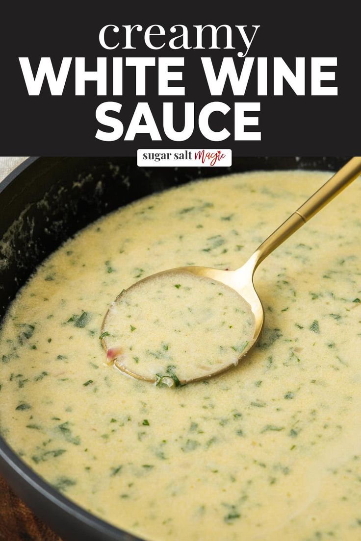 creamy white wine sauce in a black pot with a wooden spoon and text overlay