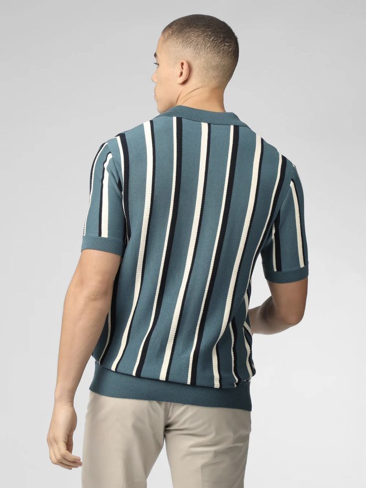 Signature Vertical Stripe Open Neck Polo - Teal - Ben Sherman Cotton Polo With Vertical Stripes, Cotton Polo Collar Top With Vertical Stripes, Cotton Polo Shirt With Vertical Stripes, Cotton Short Sleeve Polo Shirt With Vertical Stripes, Cotton Collared Polo Shirt With Vertical Stripes, White Polo Collar Top With Horizontal Stripes, Cotton Polo Shirt With Vertical Stripes For Summer, Striped Cotton Polo Shirt With Ribbed Collar, Summer Cotton Polo Shirt With Vertical Stripes