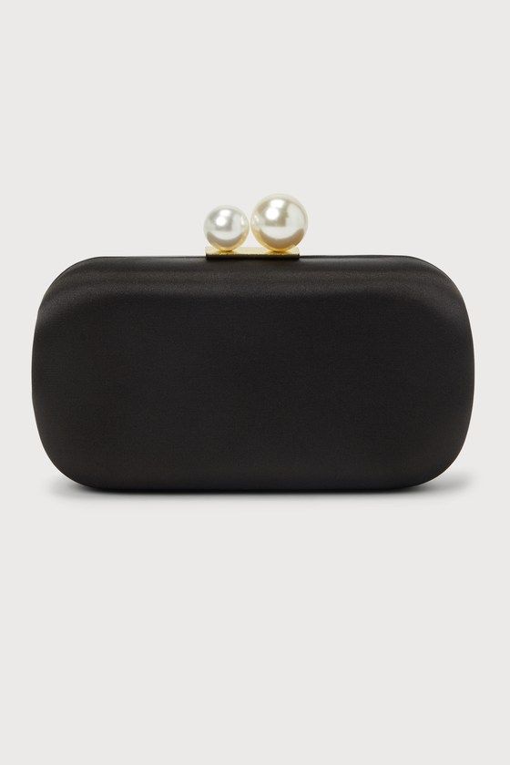 Poised Feelings Black Satin Pearl Box Clutch Black Rectangular Clutch For Parties, Black Rectangular Case Clutch For Party, Chic Rectangular Clutch For Events, Chic Satin Finish Evening Bag For Party, Elegant Rectangular Evening Bag For Cocktail, Chic Event Clutch With Rectangular Case, Chic Satin Clutch Evening Bag, Modern Rectangular Evening Bag For Party, Elegant Satin Evening Bag For Formal Occasions