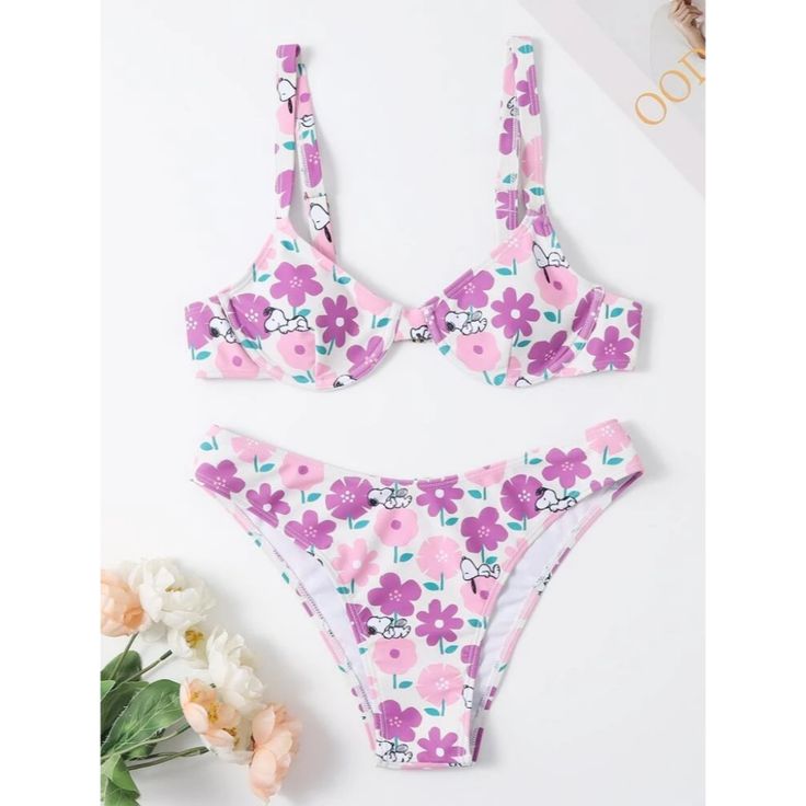 Brand New Romwe X Peanuts Snoopy Floral Bikini Swimsuit. Size Is Medium, But Fits More Like A Small. Comes In Original Packaging With All Tags Attached. Cute Printed Swimwear For Poolside, Cute Printed Swimwear For Vacation, Cute Printed Swimwear For Pool, Cute Printed Swimwear For The Pool, Cute Printed Swimwear For Beach Season, Cute Swimwear For Beach Season Sunbathing, Cute Swimwear For Sunbathing Beach Season, Cute Swimwear For Sunbathing In Beach Season, Casual Underwire Swimwear For Beach Season