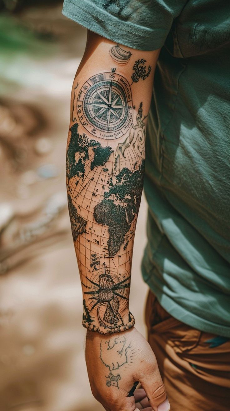 Detailed world map tattoo with compass and navigation elements, showcasing skilled linework and shading. Perfect tattoo idea for travel lovers. World Map And Compass Tattoo, Treasure Map Tattoo Sleeve, Antique Map Tattoo, Roman Geometric Tattoo, Map Back Tattoo, Nautical Arm Sleeve, Hot Mens Tattoo, Half Compass Half Clock Tattoo, Men Traditional Tattoo Ideas