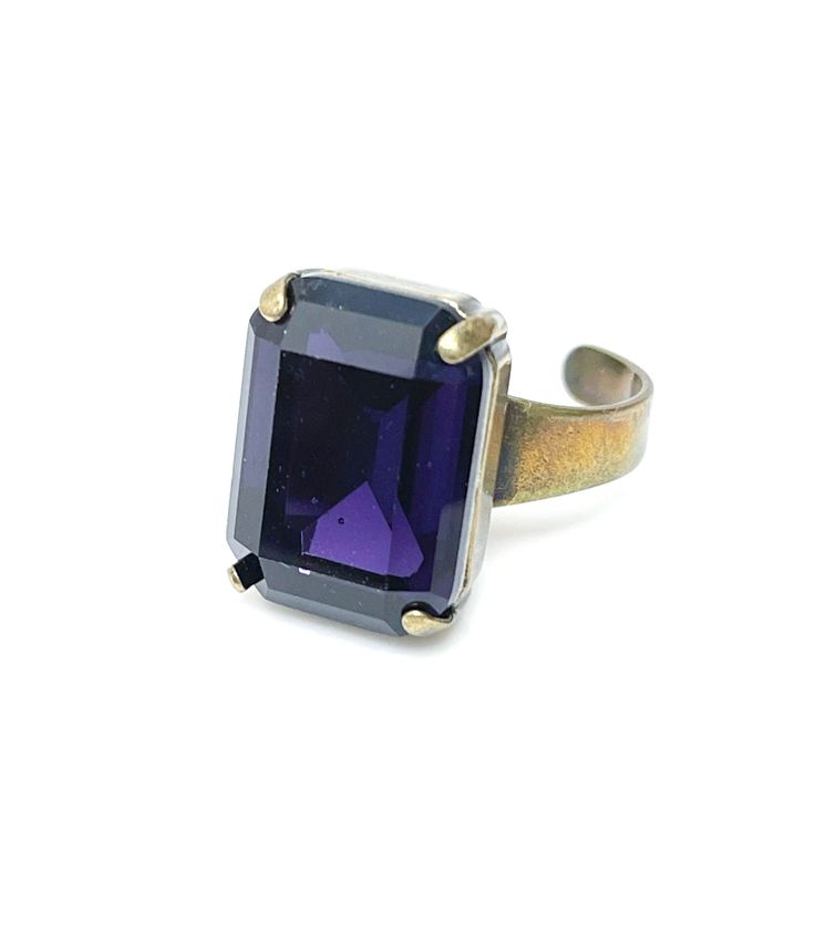 Beautiful large Purple Velvet Crystal Rectangle Ring.                                                                                                                                                                                                                                                This lovely ring is created with a very bold 18 x 13mm purple velvet colour octagon Aurora crystal. It is set into an antique brass nickel and lead free setting, with other colour settings available.  A stun Octagon Ring, Rectangle Ring, Ring Antique, Velvet Color, Crystal Ring, Lovely Ring, Purple Velvet, Crystal Rings, Rings For Women