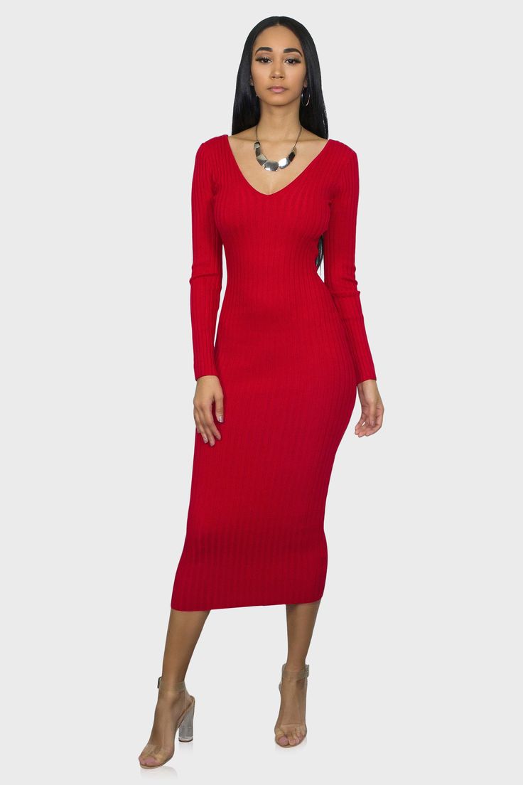 v neck sweater dress red front Hot Tamale, Statement Handbag, Trendy Heels, Red Sweater Dress, Next Clothes, Fashion Heels, Perfect Outfit, Vneck Sweater, Snug Fit