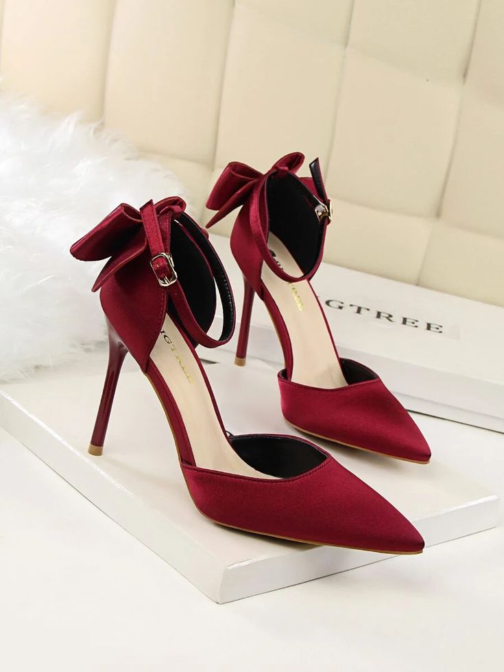 Bow Decor Satin Stiletto Heels | SHEIN USA High Heels Elegant Style, Wedding Red Shoes, Wine Red Heels, Wedding Shoes Women, Red Shoes Heels, Red Wedding Shoes, Hak Tinggi, Summer Pumps, Heels Red