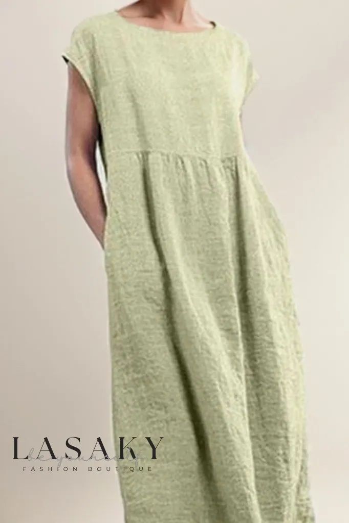 Lasaky - Effortlessly Stylish Sleeveless Cotton-Linen Pocket Tunic Dress with Loose Fit Casual A-line Sleeveless Dress, Casual Solid Color Sleeveless Dress For Vacation, Casual Sleeveless Solid Color Dress For Vacation, Casual Spring Sleeveless Dress In Solid Color, Casual Sleeveless A-line Dress, Green Sleeveless Solid Color Dress, Casual Sleeveless Beach Dress, Sleeveless Dresses With Pockets In Solid Color, Sleeveless Shift Midi Dress In Solid Color