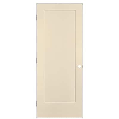 a white door with no glass on the top and bottom panel, in front of a white background