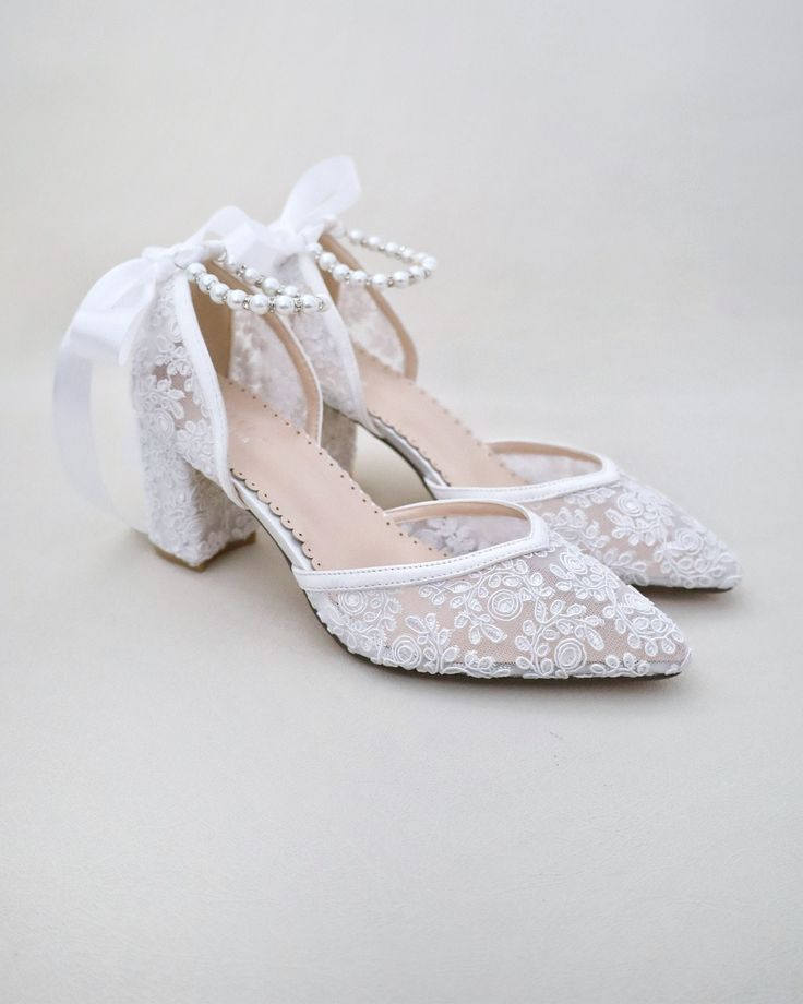 "Crochet Lace Wedding Shoes Collection. Classic and refined almond toe crochet lace with added pearls strap details. Choose from pearl/gold, pearl/silver, or all pearls ankle straps to match with your bridal look. The luminous pearls makes this a classy and elegant shoes for wedding, evening wear, or romantic date. DETAILS: HEEL HEIGHT: 2.75 inches COLORS AVAILABLE: Ivory, White and Light Blue UPPER: Synthetic upper and lining MATERIALS: Manmade outsole STYLE NAME: ABBY  SIZE FIT: RUNS LARGE  Not sure of which size to purchase? Shoes measurements are as follow: (Please note measurements taken the length of inside of shoe from toe to heel) SIZE 5 - 9.25\" SIZE 6 - 9.75\" SIZE 7 - 10\" SIZE 8 - 10.25\" SIZE 9 - 10.50\" SIZE 10 - 10.75\" SIZE 11 - 11\" - We DO NOT offer refunds.  Selected ite Shoes Block Heels, Lace Wedding Shoes, Bridesmaids Shoes, Wedding Shoes Sandals, Shoes For Wedding, Ivory Bridal Shoes, Women's Slip Ons, Wedding Shoes Lace, Bridal Heels