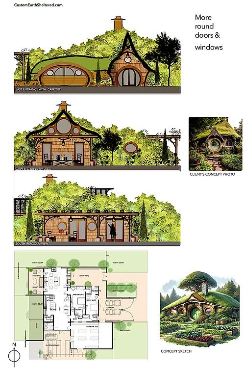 three different views of a house in the woods