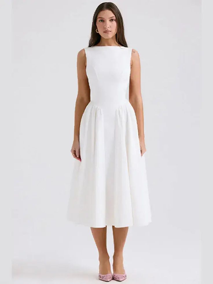 White Sheath Midi Dress with Back Waist Cut-out Elegant Green Dresses, Backless Midi Dress, How To Fold Sleeves, Backless Maxi Dresses, Summer Party Dress, Pleated Midi Dress, Evening Attire, Midi Dress Sleeveless, Spring 2024