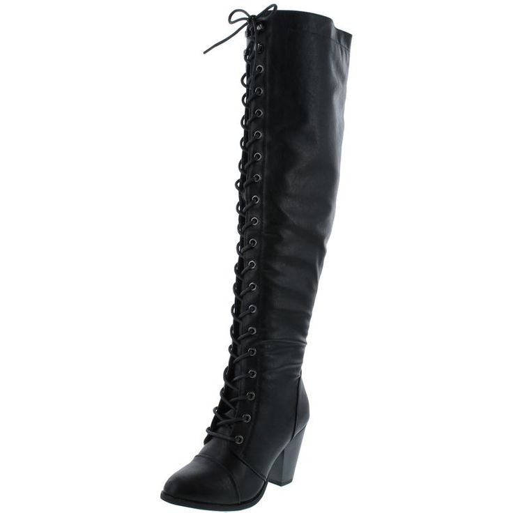 Forever Camila-48 Black Pu Womens Boots 5.5 New Black Closed Toe Lace-up Boots For Fall, Black High Heel Lace-up Boots, Edgy Knee-high Lace-up Boots, Black Wide Calf High Heel Knee-high Boots, Black Synthetic High Ankle Lace-up Boots, Lace-up Heeled Boots With Stacked Heel, Edgy Fitted Black Lace-up Boots, Edgy Black Fitted Lace-up Boots, Black Synthetic High Heel Knee-high Boots