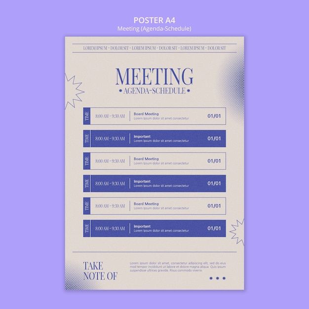 a blue and white poster with the words meeting on it, next to a purple background