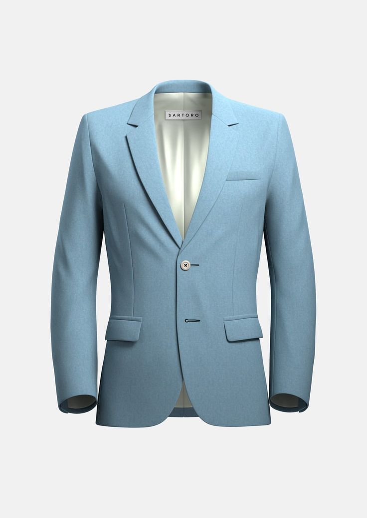 Astor Maya Blue Linen Jacket - SARTORO Light Blue Notch Lapel Suit For Spring, Light Blue Notch Lapel Blazer For Office, Light Blue Business Blazer With Suit Collar, Blue Linen Blazer For Workwear, Tailored Light Blue Blazer For Work, Light Blue Semi-formal Blazer With Suit Collar, Light Blue Notch Lapel Blazer For Business Casual, Tailored Light Blue Business Blazer, Blue Blazer With Suit Collar For Spring