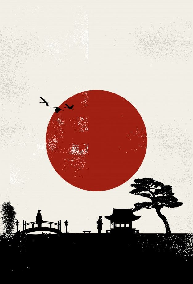 the sun is setting over a small house and trees in front of a large red ball