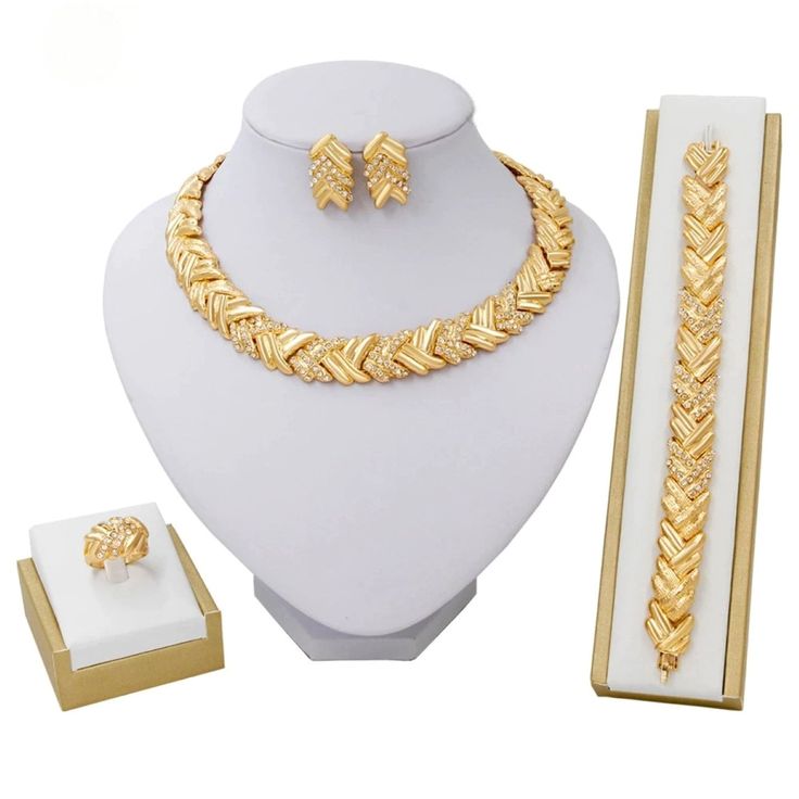 This dainty gold jewelry set will surely add sparkle to your girls on your special day! This set is perfect for the bride, bridesmaids jewelry gift, prom, or any special occasion! This Jewelry set would add more charms to your beautiful jewelry collection and would surely bring lots of compliments. It falls beautifully on the neckline giving you an elegant look. This set will definitely be a treasured inclusion in every woman's jewelry collection. Perfect As A Party Wear, Festive Wear, And Costu Dubai Gold Jewelry, Pinterest Jewelry, Women Products, Costume Necklace, Women Costume, Crystal Jewelry Sets, Bridesmaid Gifts Jewelry, Gold Jewelry Sets, Gold Wedding Jewelry