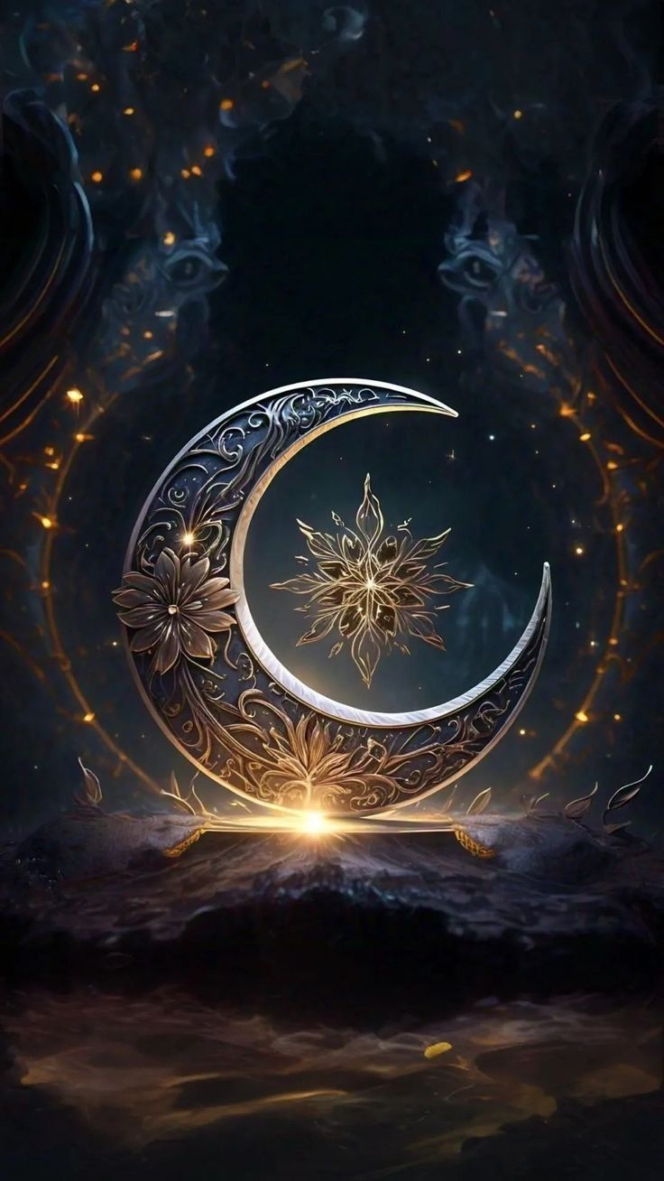 an artistic painting of a crescent moon with stars and flowers on the side, in front of a dark background