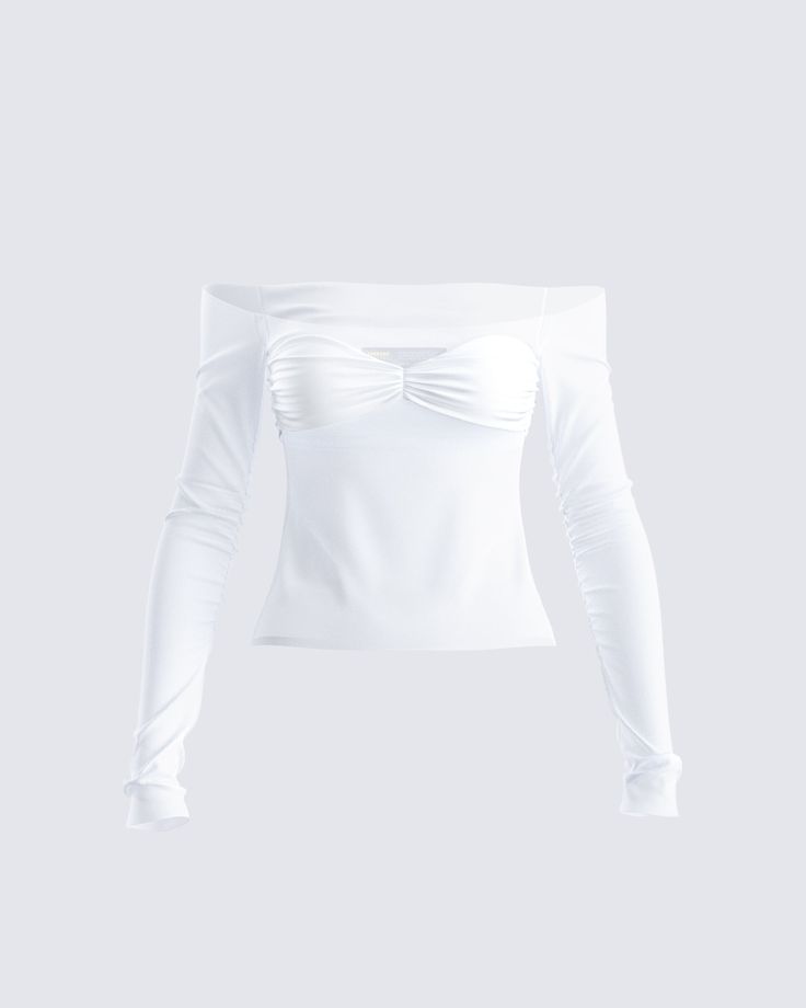 An angel on earth 😇 Turn on the charm, and bless them with your presence in this off-the-shoulder, white slub knit sheer top featuring a ruched bust and extended long sleeves 🕊 Elegant White Off-shoulder Top For Fall, White Fitted Off-shoulder Top For Party, Fitted White Off-shoulder Top For Party, White Off-shoulder Top For Party, White Fitted Top For Night Out, White Stretch Long Sleeve Top, Stretch White Long Sleeve Top, Chic White Stretch Off-shoulder Top, White Stretch Chic Off-shoulder Top