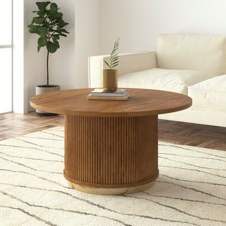 a living room with a couch, table and potted plant on the coffee table