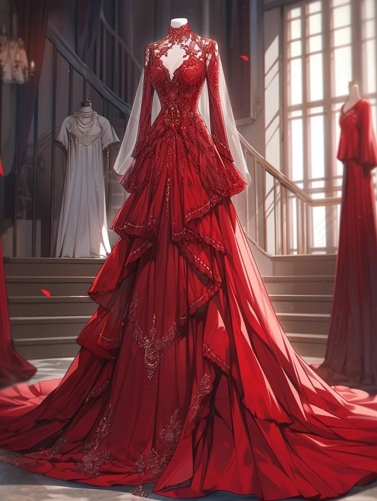 Red Dress Fantasy Art, Red Fantasy Dress, Fantasy Dresses, Royal Dresses, Dress Design Sketches, Kawaii Fashion Outfits, Dress Sketches, Fantasy Gowns, Pretty Prom Dresses