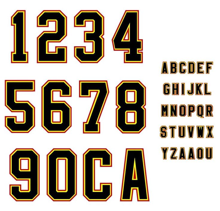 the numbers are black and yellow with white letters on them, as well as some type of font