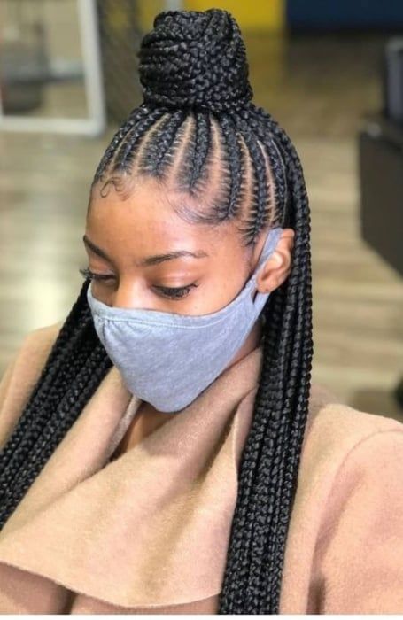 35 Popular Feed-in Braids Hairstyles for 2023 - The Trend Spotter Box Braids With Cornrows On Top, Braided Up Do For Black Women, Cornrow Buns, Ghanaian Braids, Cornrows Bun, Twists Locs, Ghana Braids Hairstyles, Cornrows Hairstyles, Ghana Weaving