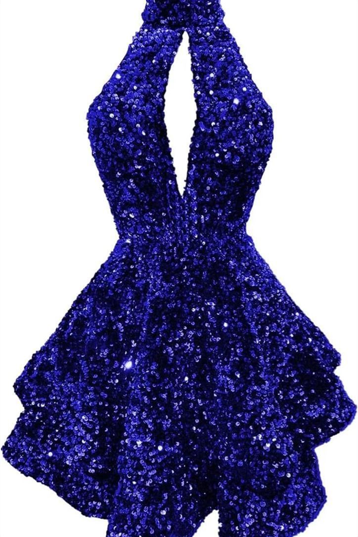 Halter Royal Blue Ruffle A-line Short Homecoming Dress Elegant Sequined Halter Dress For Homecoming, Sequin Halter Neck Mini Dress For Prom, Sequined Halter Prom Dress, Sequin Halter Neck Homecoming Dress, Sequin Halter Neck Dress For Homecoming, Prom Dresses With Contrast Sequin And Halter Neck, Halter Neck Prom Dress With Contrast Sequin, Royal Blue Backless Dress For Night Out, Glamorous Halter Neck Sequin Dress For Homecoming