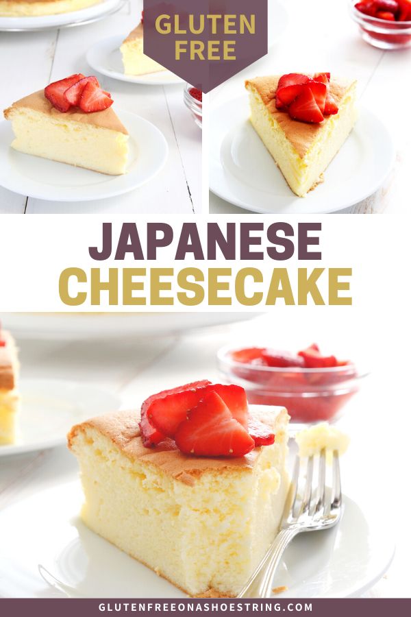 japanese cheesecake with strawberries on top is shown in three different photos and the title reads gluten free