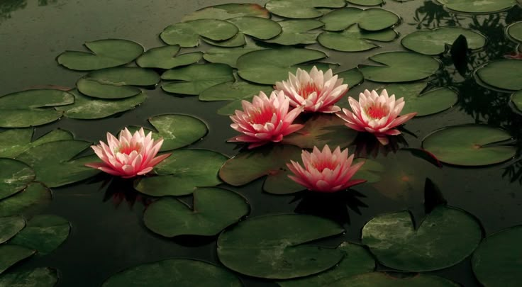 three pink water lilies floating on top of lily pads