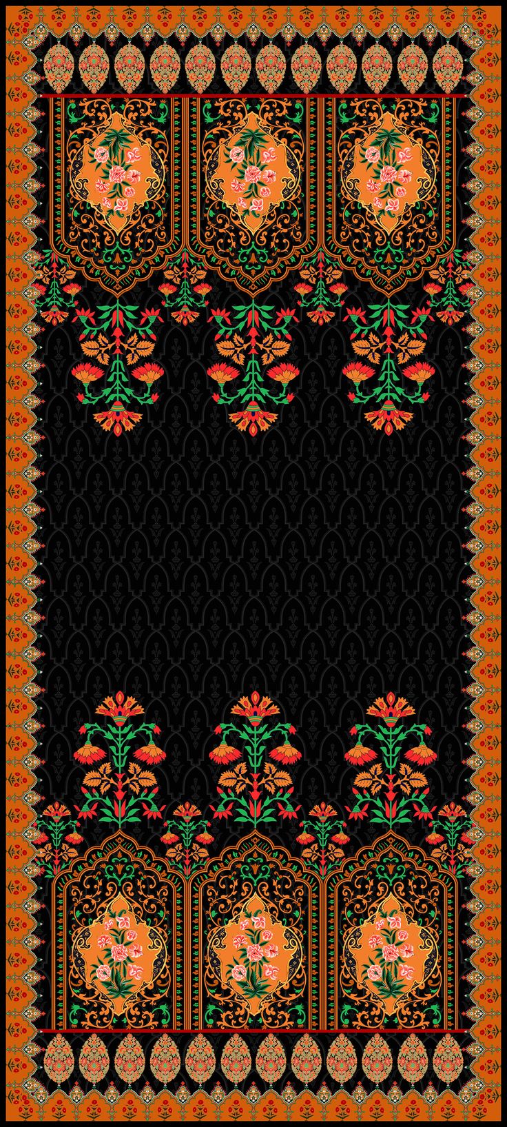 a black and orange rug with flowers on it