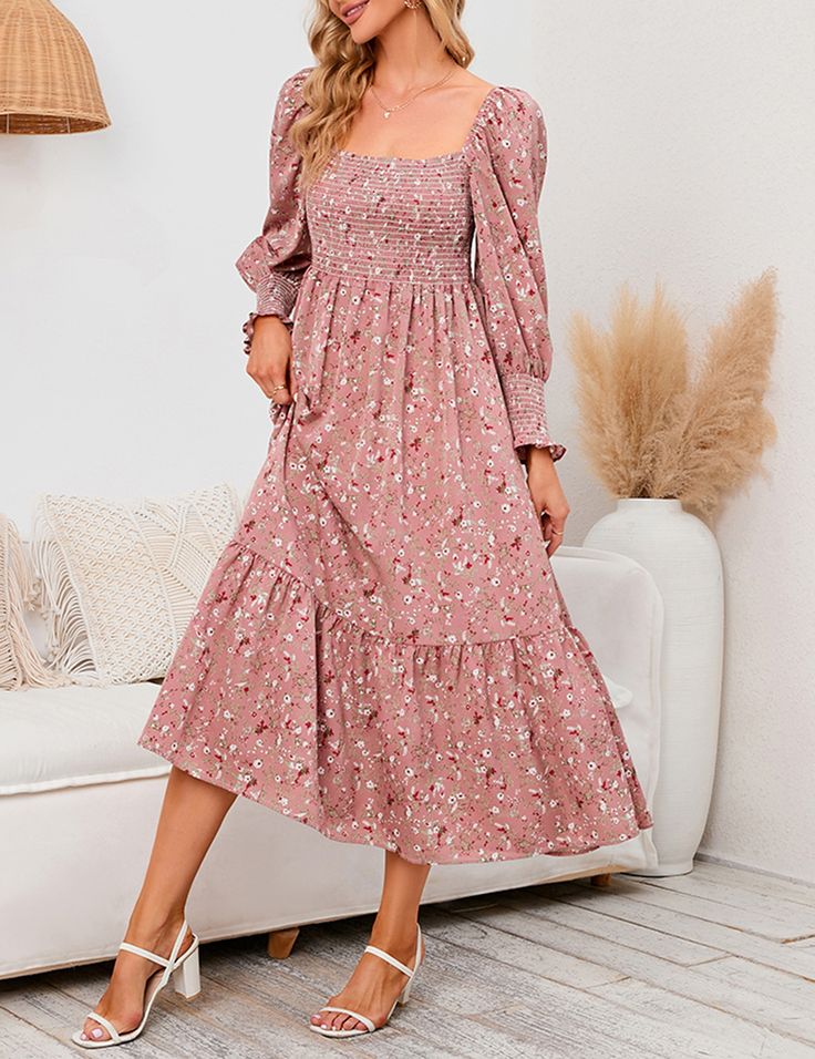 Pink Square Neck Chiffon Long Sleeve Floral Dress Long Sleeve Chiffon Dress, Pink Square, Dress Chiffon, Sleeveless Long Dress, Skirt Long, Chiffon Long Sleeve, روتين العناية بالبشرة, Long Sleeve Floral Dress, Chiffon Skirt