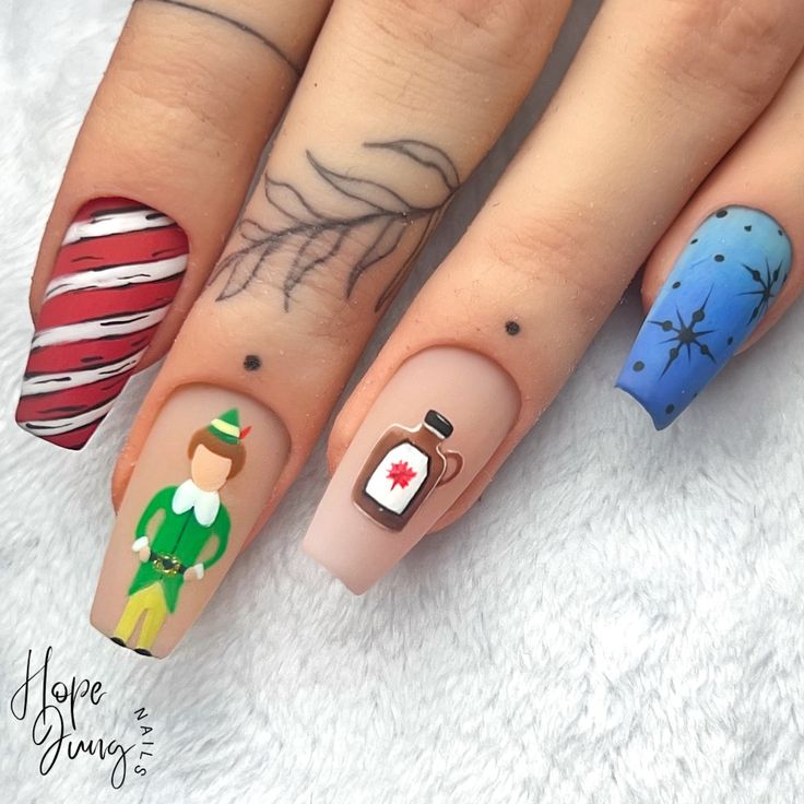 Buddy The Elf Nails Designs, Elf Inspired Nails, Elf Movie Nails, Buddy The Elf Tattoo, Elf Nails Christmas, Christmas Character Nail Art, Grinch Christmas Nails Acrylic, Buddy The Elf Nails, Home Alone Nails