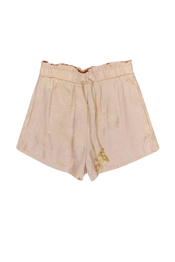 Current Boutique-Nanushka - Blush Pink Lora Satin Rose Drawstring Shorts Sz M Chic Pajama Shorts, Pink Feminine Shorts For Pajama Party, Feminine Pink Shorts For Pajama Party, Feminine Pink Shorts With Elastic Waistband, Elegant Loungewear Shorts For Spring, Elegant Loungewear Shorts For Summer, Elegant Spring Loungewear Shorts, Chic Pink Shorts For Loungewear, Chic Drawstring Shorts For Loungewear