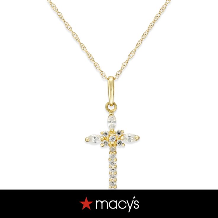 in stock Yellow Gold Cubic Zirconia Cross Pendant, Gold Cross Necklace With Prong Setting, Gold Necklace With Cross Pendant In Prong Setting, Gold Cross Pendant With Prong Setting, Gold Cross Pendant Jewelry With Prong Setting, Macy's Gold Cubic Zirconia Jewelry, Macy's 14k Gold Jewelry With Diamond Accents, Macy's Yellow Gold Cubic Zirconia Jewelry, Macy's Yellow Gold Jewelry With Diamond Accents